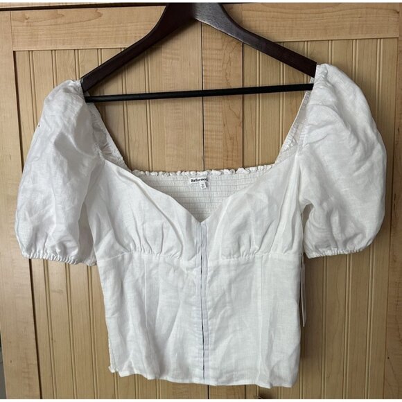 Reformation Rome White 100% Linen Puff Sleeve Smocked Cropped Peasant Top Sz 10 - Picture 3 of 9